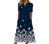 Robe HabilléE Femme - Robe décontractée à Manches Courtes et col en V Robes Poches Robe décontractée à Boutons Floraux pour Femmes Robe Long