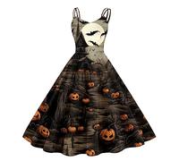 Robe Halloween Femme Citrouille Vintage Imprimé Dentelle Manches Courtes Grande Jupe Swing Chic Vêtements Deguisement Noël Femme Robe de Cocktail Pas Cher Costume Steampunk Femme