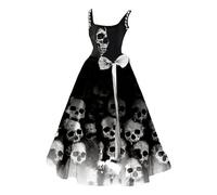 Robe Halloween Femme Deguisement Costume Halloween Rétro Vintage Médiévales Crâne Fleur Squelette Imprimé Décontracté Fête Col Rond Sexy Robe Sans Manches Robes de Soirée Formelle(Le noir,XXL)