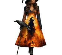 Robe Halloween Femme Effrayant Squelette Costume Longue Élégante Mariée Manches Longues Maxi Rétro Swing Fête Cocktail Cache-cœur Doux Confortable Robe