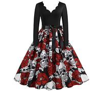 Robe Halloween Femme Imprimé Sanglant Mini Robe Col V Chic et Elegant Manches sans/Courtes/Longues A-Line Casual Robes pour Fête Noël Mariage Long Dress Elegant Deguisement Femme Halloween , XXL