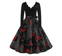 Robe Halloween Femme Sexy,Robe De Cocktail Grande Taille Robe Pin Up Grande Taille À Manches Longues Dress Trapèze Imprimée avec Ceinture Vêtements Mode Cosplay Plissée Deguisement Noël