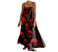 Robe Halloween Femme Tete De Mort Robe Année 60 Sexy Col V sans Manche Retro 1950's Audrey Hepburn Style Rockabilly Elegante Trapèze Vintage Robes Midi Dresses Costume Steampunk (Rouge Pastèque-a, L)