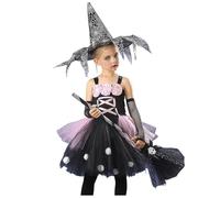 Robe Halloween Fille, Collants et Gants Chapeau avec Sorcière Médièvale Ceremonie Enfant Costume Déguisement Ado Ensemble Vêtements pour Carnaval Ou Fête À Thème (Violet, 9-10 Years)