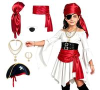 Robe Halloween Fille DéGuisement Pirate Enfant Avec 6Pcs Accessoires, Costume De Pirate Robe Pirates Gothique Manches éVaséEs Avec Volants Et éPaules DéNudéEs Corset MéDiéVal Victorien Pour Cosplay