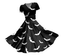 Robe Halloween pour Femme Manches Courtes, Robe Vintage Femme Col en V Imprimé Sang Sanglant Déguisement Longue Fête Cocktail Motif Tachée A-Ligne Grande Taille Chic Et Elegant Sport Glamour Club