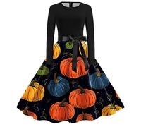 Robe Halloween pour Femme Manches Longues, Robe Soirée Femme Citrouille Imprimée Swing A-Ligne Cosplay Chic Et Elegant Cocktail Noire Taille Haute De Costume Toussaint Sport Glamour Club