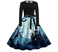 Robe Halloween pour Femme Manches Longues, Robe Soirée Femme Citrouille Imprimée Swing A-Ligne Cosplay Chic Et Elegant Cocktail Noire Taille Haute De Costume Toussaint Sport Glamour Club