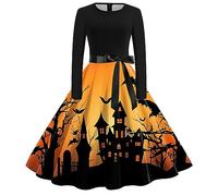 Robe Halloween pour Femme Manches Longues, Robe Soirée Femme Citrouille Imprimée Swing A-Ligne Cosplay Chic Et Elegant Cocktail Noire Taille Haute De Costume Toussaint Sport Glamour Club