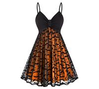 Robe Halloween pour Femme,Robe Gothique sans Manches à Bretelles Deguisement Halloween en Mousseline De Soie Double Maille Dress Sexy Col en V Imprimé RéTro pour Cosplay FêTes Cocktail Club SoiréE