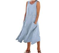 Robe hawaïenne midi ample sans manches à col rond en lin pour femme - Robe de plage d'automne et d'été 2024, H-838 Bleu roi clair, M