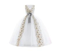 Robe hawaïenne sans manches pour fille - Robe longue - Robe de mariée - Modèle de podium - Costume de piano - Bleu foncé - Pour fille, Blanc., 11-12 ans