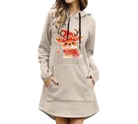 Robe imprimée à Capuche Manches Longues Poches Avant Pull décontracté Tunique en Polaire Douce avec Capuche idéale pour Les fêtes de Fin d'année Les réunions de Famille et Les (Khaki S)