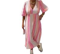 Robe imprimée à col en V pour femme, robe d'été à manches courtes, robe florale super fée col en V, robe florale pour plage, vacances, plage, jupe longue, blanc/rose, XL