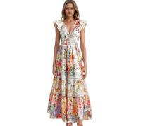 Robe imprimée à lacets et col en V pour femme - Couleur noire - Manches courtes - Taille haute, imprimé, L