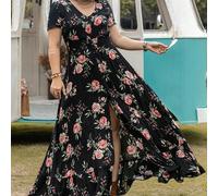 Robe imprimée de plantes tropicales à col en V pour femmes grandes tailles, style bohème pour Pâques, plage, festival de musique hawaïen, fête tropicale de villégiature, robe d'invitée de mariage, rob