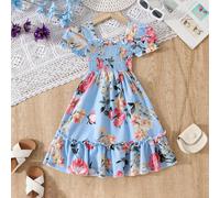 Robe imprimée décontractée d'été pour jeune fille, style européen et américain, avec manches courtes et robe de princesse légère pour vacances 6Y,7Y,8Y,9Y,4Y,5YAnimal,Floral,PlantesPolyester