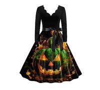 Robe imprimée femme citrouille Halloween rétro déguisement carnaval vintage | Robe festive à motifs chauve-souris, fantômes et décors nocturnes, jupe ample, pour soirée costumée, anniversaire ou défilé