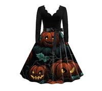 Robe imprimée femme citrouille Halloween rétro déguisement carnaval vintage | Robe festive à motifs chauve-souris, fantômes et décors nocturnes, jupe ample, pour soirée costumée, anniversaire ou défilé