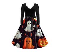 Robe imprimée femme citrouille Halloween rétro déguisement carnaval vintage | Robe festive à motifs chauve-souris, fantômes et décors nocturnes, jupe ample, pour soirée costumée, anniversaire ou défilé