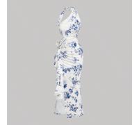 Robe imprimée florale bleue et blanche pour femmes, robes élégantes pour femmes, robe d'hiver, robe pour le Nouvel An pour femmes, robe modeste, robe de fête, robe Old Money, robe sans bretelles, robe