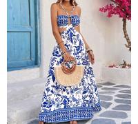 Robe imprimée florale évasée avec une conception dos nu ajourée et un froncé à la taille pour femmes, vêtement de vacances casual, printemps/été L,M,S,XLFloral,Tribal,Plantes,Tout ImpriméTissu tissé