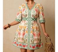 Robe imprimée florale noire grande taille, robe courte à col en V, manches courtes, taille cintrée. Robe romantique pour vacances sur l'île au début du printemps, robe bohème 0XL,1XL,2XL,3XL,4XLGéomét
