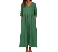 Robe Invitée Mariage,Jupe Midi Longue Bohème en Coton Et Lin pour Vacances Manches Longues Col en V Coupe Ample Lâche Grand Taille Style Vintage（03-Vert Foncé,L）