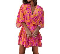 Robe Japonaise Femme - Womens Short A Line Flare Dress Noeud à l'avant à Manches Courtes à Volants à Volants Swing Couleur Imprimé Mini Robes Robe sans Manches