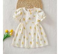Robe jaune à fleurs miettes pour jeunes filles avec grand nœud jaune décoratif au dos, manches bouffantes courtes, col claudine mignon, robe de vacances décontractée, convient pour le quotidien, les t