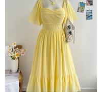 Robe jaune à manches volantées et taille élastique pour femmes grandes tailles, décontractée pour les vacances d'été, la rentrée scolaire, les déjeuners mignons, les enterrements de vie de jeune fille