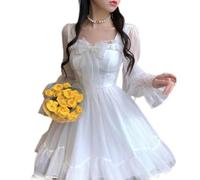 Robe Kawaii Blanche pour Femmes en Mousseline de Soie Lolita à Manches Longues Mini Robes avec nœud féerique à Volants Patchwork col carré été 2023-blanc-L
