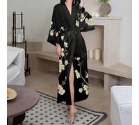 Robe kimono ample mi-longue de style chinois rétro, élégante, avec imprimé floral. Robe de chambre décontractée à ceinture nouée à la taille, couvre-maillot de bain d'été, veste légère Taille UniqueIm