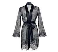 Robe kimono en dentelle avec ceinture en satin pour maillot de bain de mariée à manches longues en maille pour femme, Noir , L