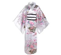 Robe Kimono Floral Blanc Soyeux Traditionnel Confortable et Adapté à la Peau pour Fête, Cosplay, Accessoires Kyoto Bossom