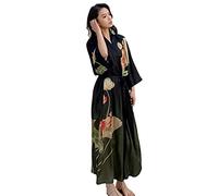Robe kimono longue en satin pour femme avec imprimé floral, noir/vert, taille unique