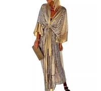 Robe kimono mi-longue brillante pour femme - Été élégant vacances plage cardigan à manches mi-longues maillot de bain maillot de bain bikini couverture up fête cocktail mariage paréo, doré, L