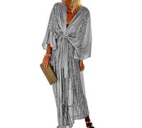 Robe kimono mi-longue brillante pour femme - Été élégant vacances plage cardigan à manches mi-longues maillot de bain maillot de bain bikini couverture up fête cocktail mariage paréo, Argenté., L