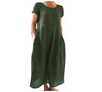Robe Legere Fluide Ete Femme Col Rond- Robe Longue Coton Et Lin-Robe Femme Grande Taille Couleur Pure Dress Ample Comfy Classique Base Décontractés Coupe Standard Manches Courtes Robes