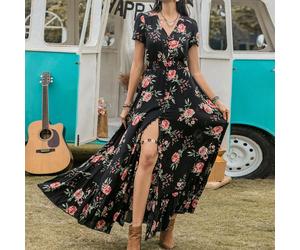 Robe légère noire à col V avec motif floral pour femmes, style bohème, ambiance exotique, convient pour les vacances à la plage et les festivals de musique élégants 2XL,L,M,S,XL,XXLFloral,Tout Imprimé