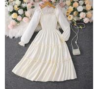 Robe ligne A à col carré unicolore, manches bouffantes, taille froncée et ourlet volant pour jeunes filles, style français élégant et doux 8Y,9Y,10Y,11Y,12YUnicolorePolyester