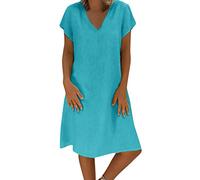 Robe Lin Ete Femme Mi Longue Femmes Tank Robe de Travail Chic et Elegant Décontractée Couleur Unie Manche Courte Paire avec Jupe Vêtements Femme Cotton en Line Chemise Maxi Robes De Soie