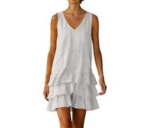 Robe Lin Femme Col V sans Manche Courte Volants Fluide Décontractée Chic
