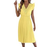 Robe Lin Femme Été Col V Coupe Ample | d'église, midi à volants manches courtes avec bordure en dentelle, plissées, tenues mignonnes enseignantes (Yellow, | pour Plage, Vacances et Quotidien