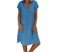 robe lin femme été mi longue fluide manches courtes robe de plage femme grande taille coton robes d'été chic et elegant col v longueur genoux midi robes coupe trapèze Décontractée summer (Blue, XL)