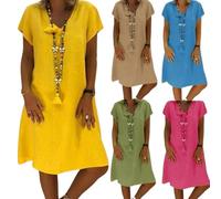 robe lin femme été mi longue fluide manches courtes robe de plage femme grande taille coton robes d'été chic et elegant col v longueur genoux midi robes coupe trapèze Décontractée (Yellow, XL)