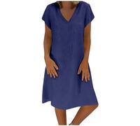 Robe Lin Femme Manches Courtes, Robe Mi Longue Col V Grande Taille Couleur Unie Ete Midi Robes Chic Et Elegant Casual Respirant LâChe LéGer Fluide Dress pour Femmes Plage Voyage Vacances