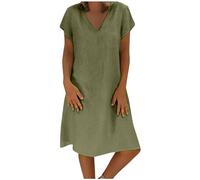 Robe Lin Femme Manches Courtes, Robe Mi Longue Col V Grande Taille Couleur Unie Ete Midi Robes Chic Et Elegant Casual Respirant LâChe LéGer Fluide Dress pour Femmes Plage Voyage Vacances
