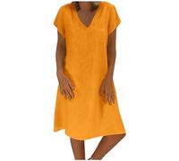 Robe Lin Femme Manches Courtes, Robe Mi Longue Col V Grande Taille Couleur Unie Ete Midi Robes Chic Et Elegant Casual Respirant LâChe LéGer Fluide Dress pour Femmes Plage Voyage Vacances