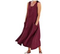 Robe Lin Grande Taille,Coton Et Lin Longue sans Manches Décontractée À Col Rond Élégante Débardeur Boho De Plage avec Poches（03-Vin Rouge,L）